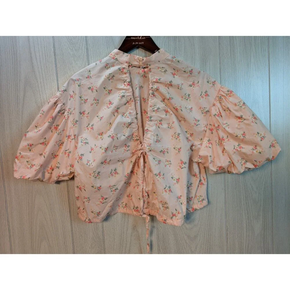 Anthropologie Cropped Bubble Sleeve Blouse Pink Floral Tie Back Medium - Picture 4 of 8